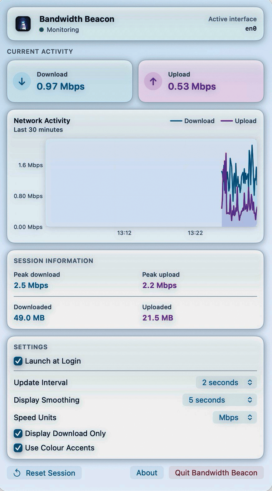 Bandwidth Beacon in Light Mode showing current activity, a thirty-minute graph, session totals, and settings