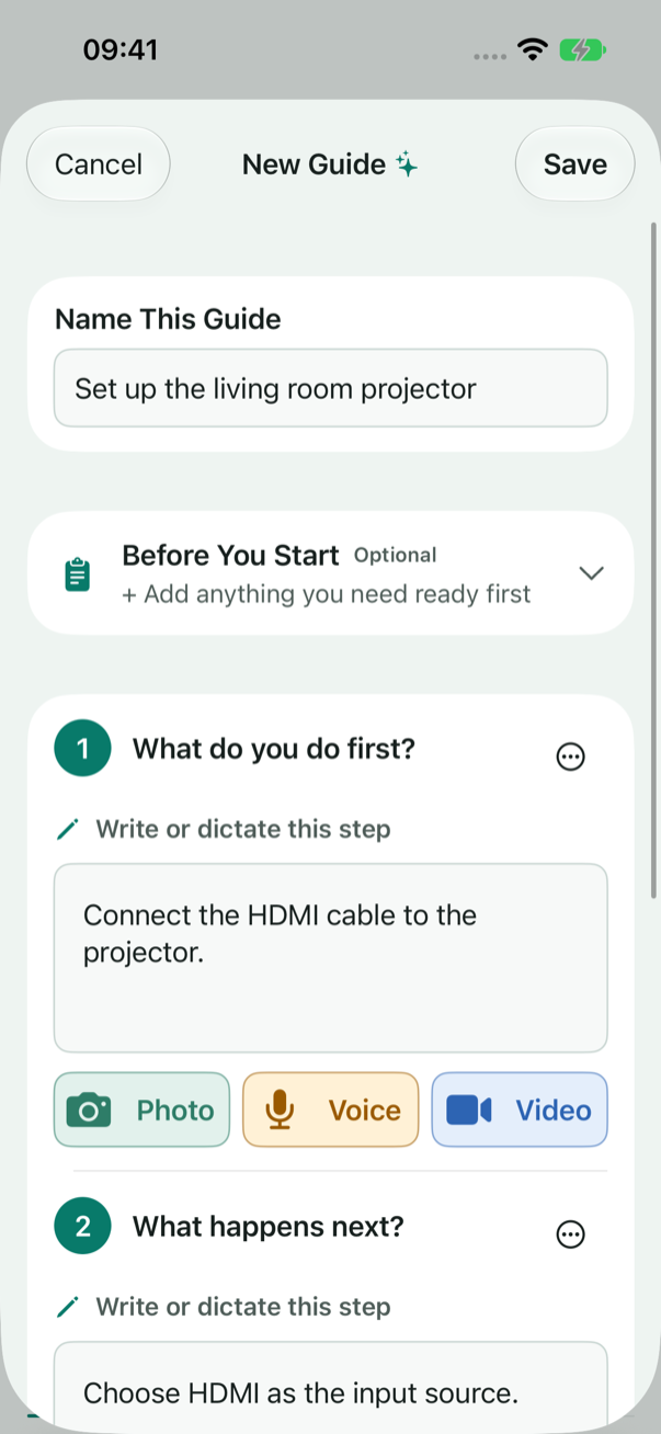 New guide editor with a projector setup guide, written steps and photo, voice and video controls