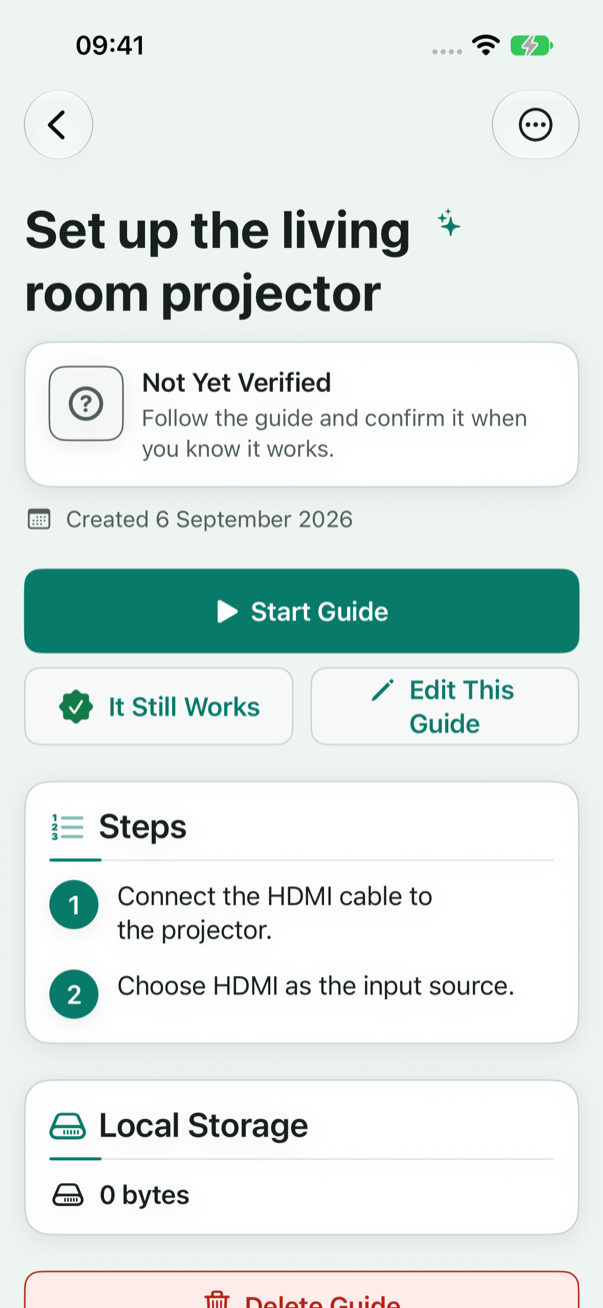 Saved projector setup guide with verification status, Start Guide and two written steps