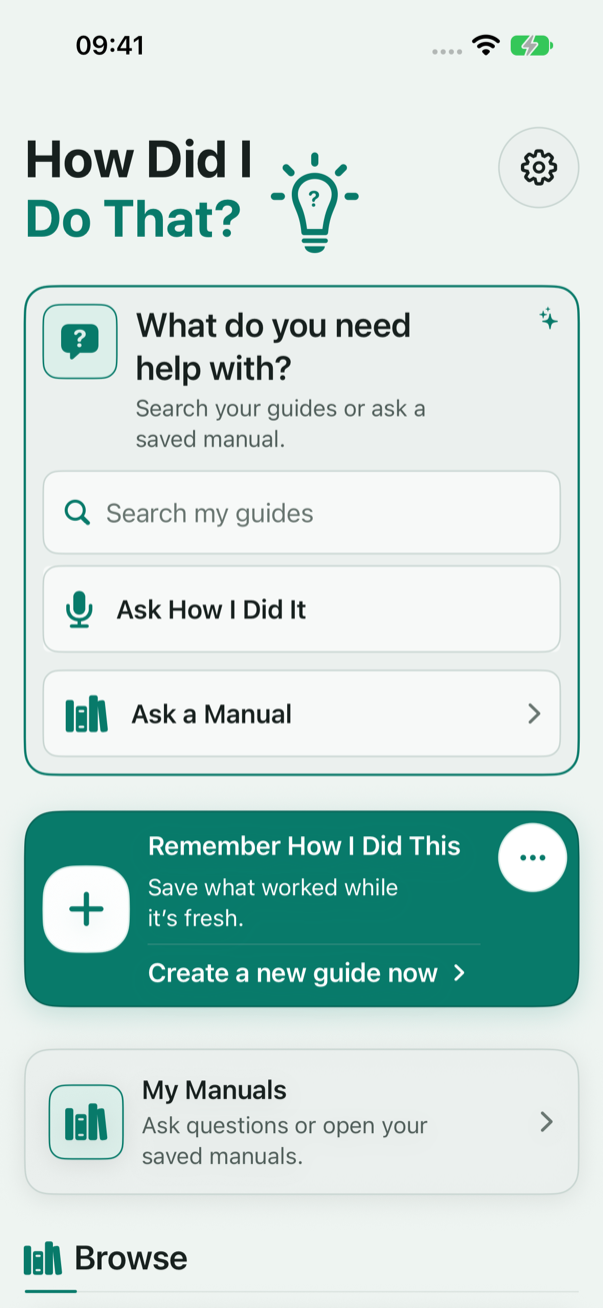 How Did I Do That? home screen showing guide search, Ask a Manual, guide creation and My Manuals