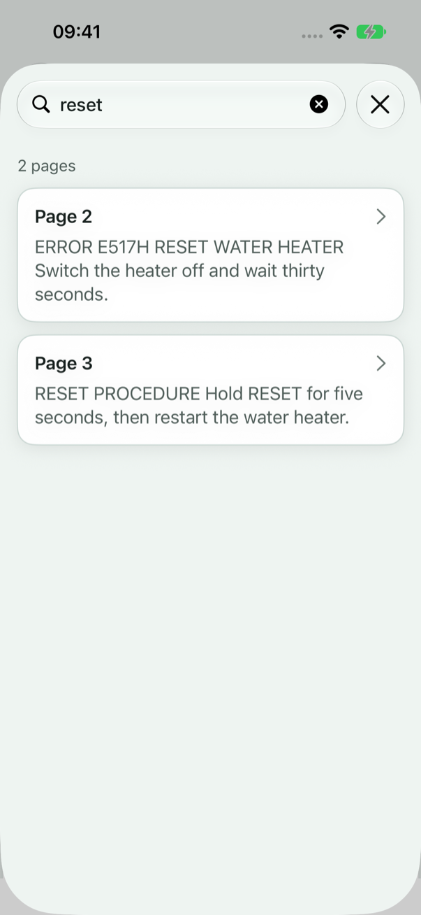 Search for reset in a sample water heater manual showing two matching pages