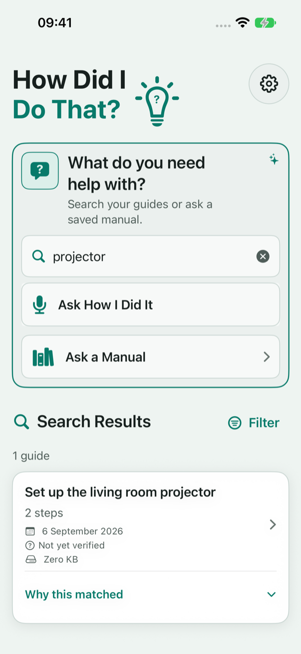 Search for projector showing a saved guide and the Why this matched control