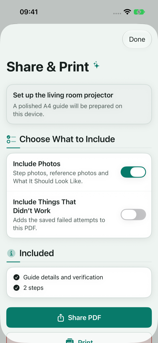 Share and Print options for a two-step projector guide, including photos and Things That Didn’t Work