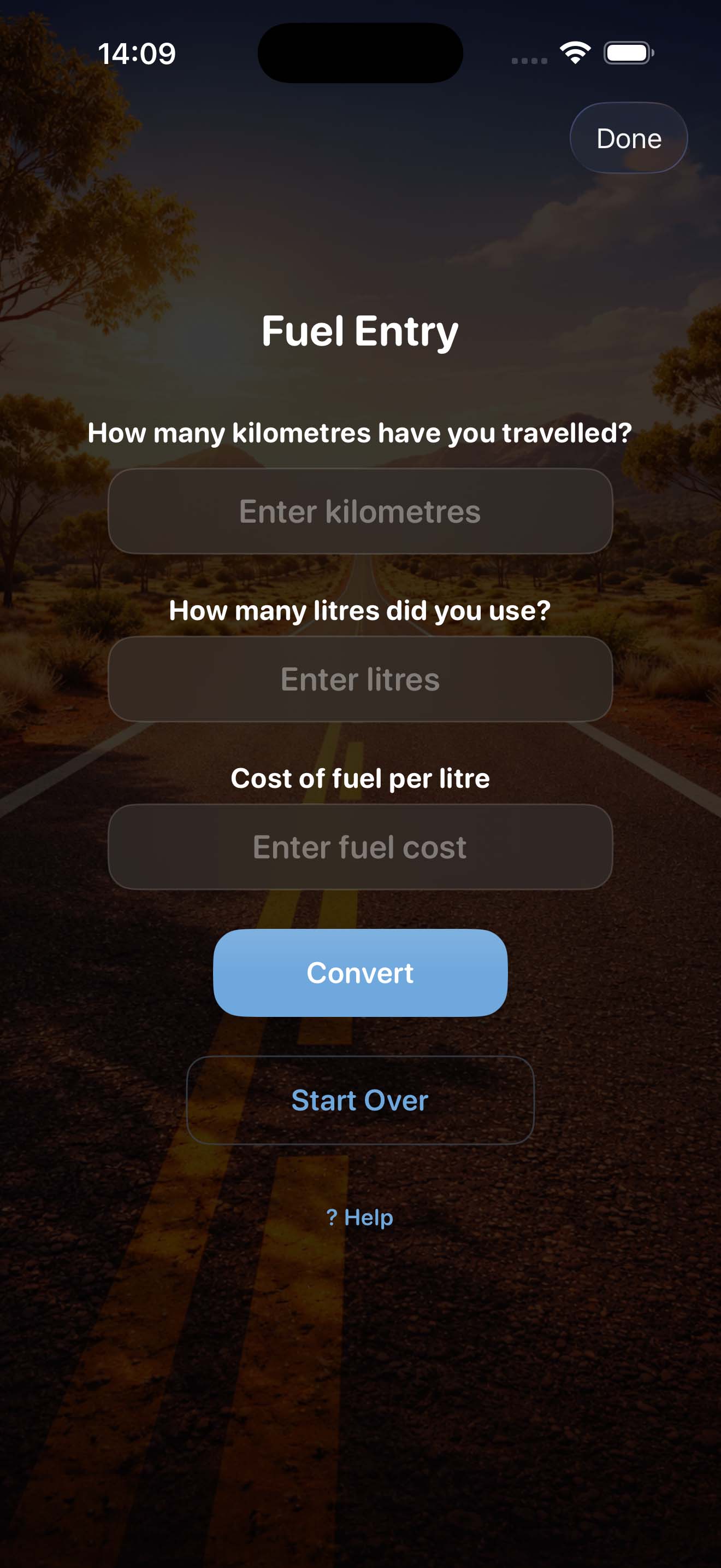 Tripometer fuel entry screen