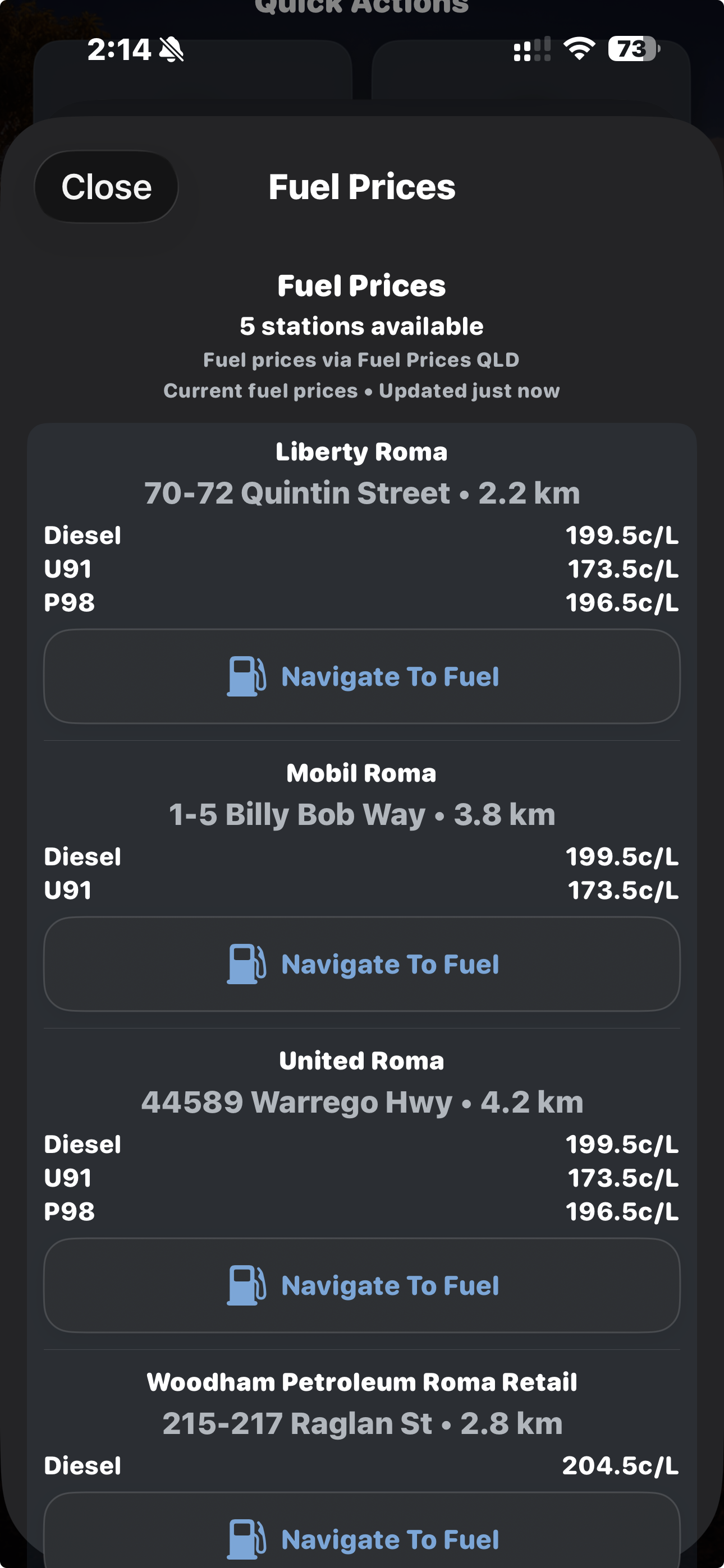 Tripometer fuel prices screen