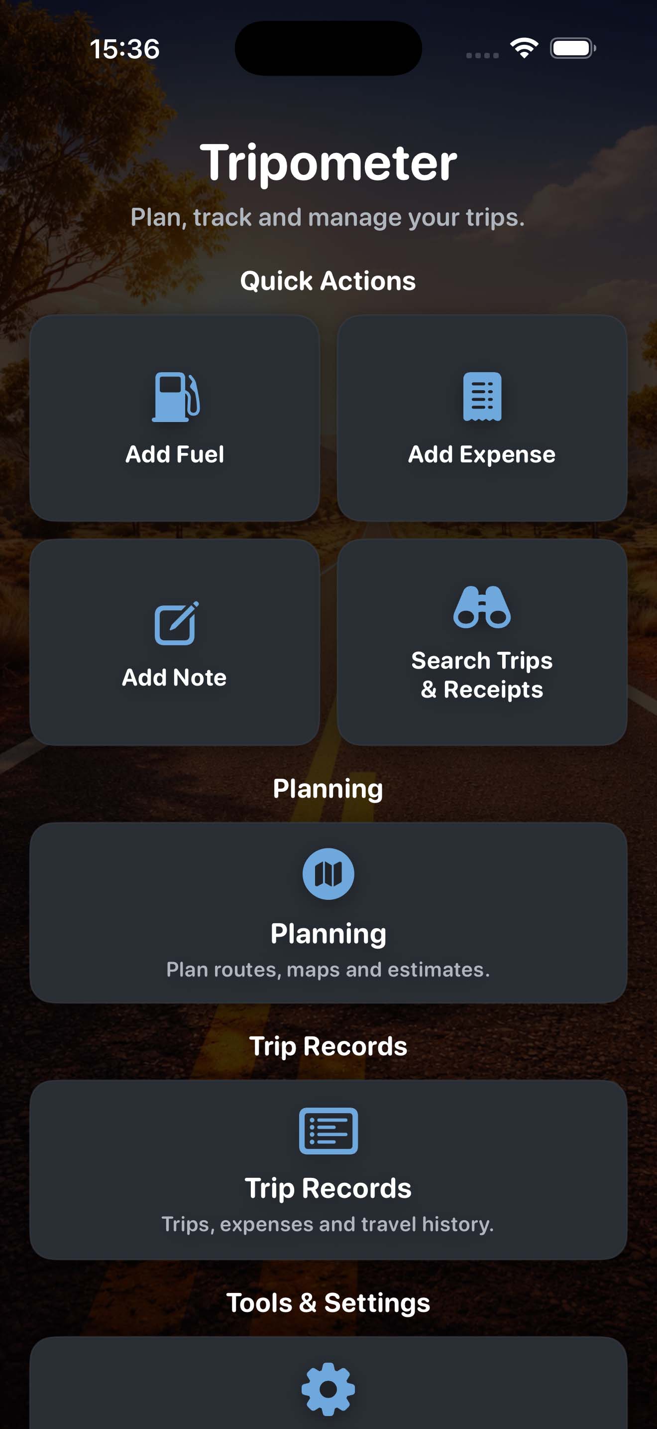 Tripometer main menu screen