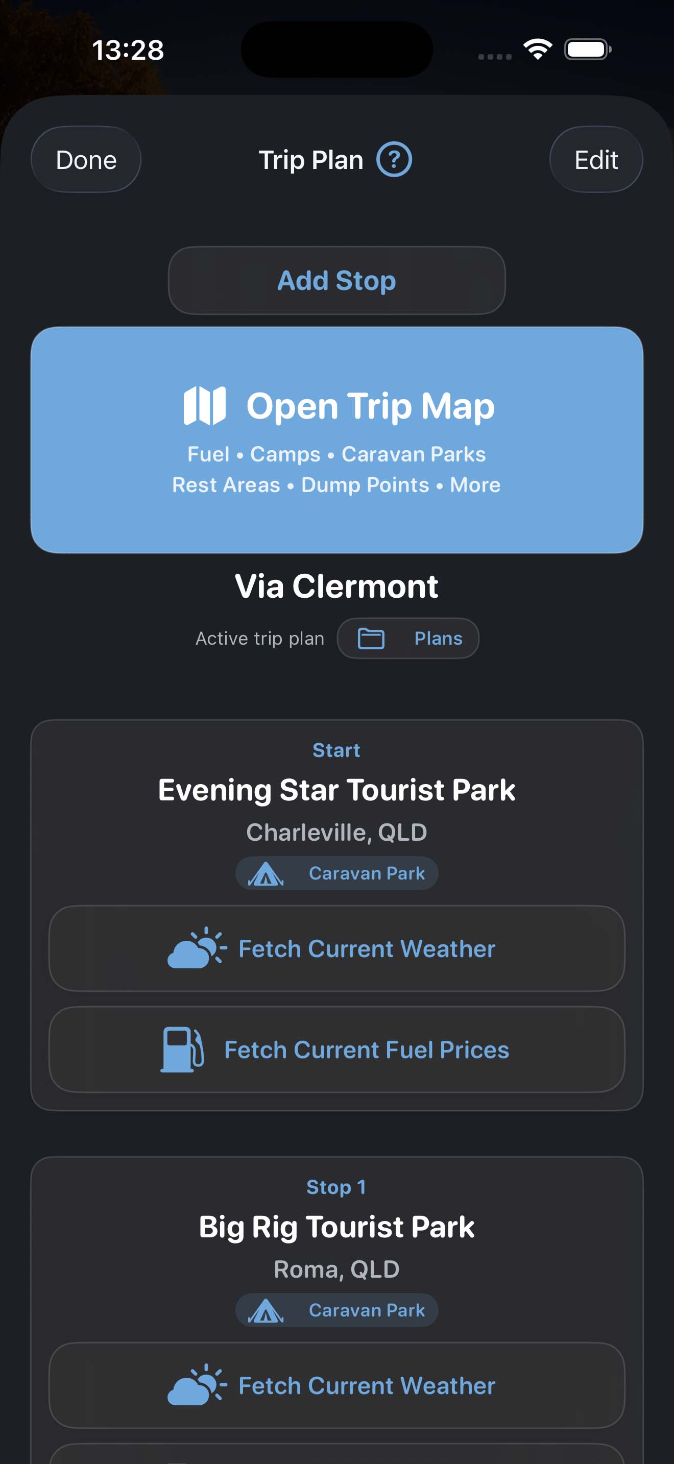 Tripometer trip planner screen