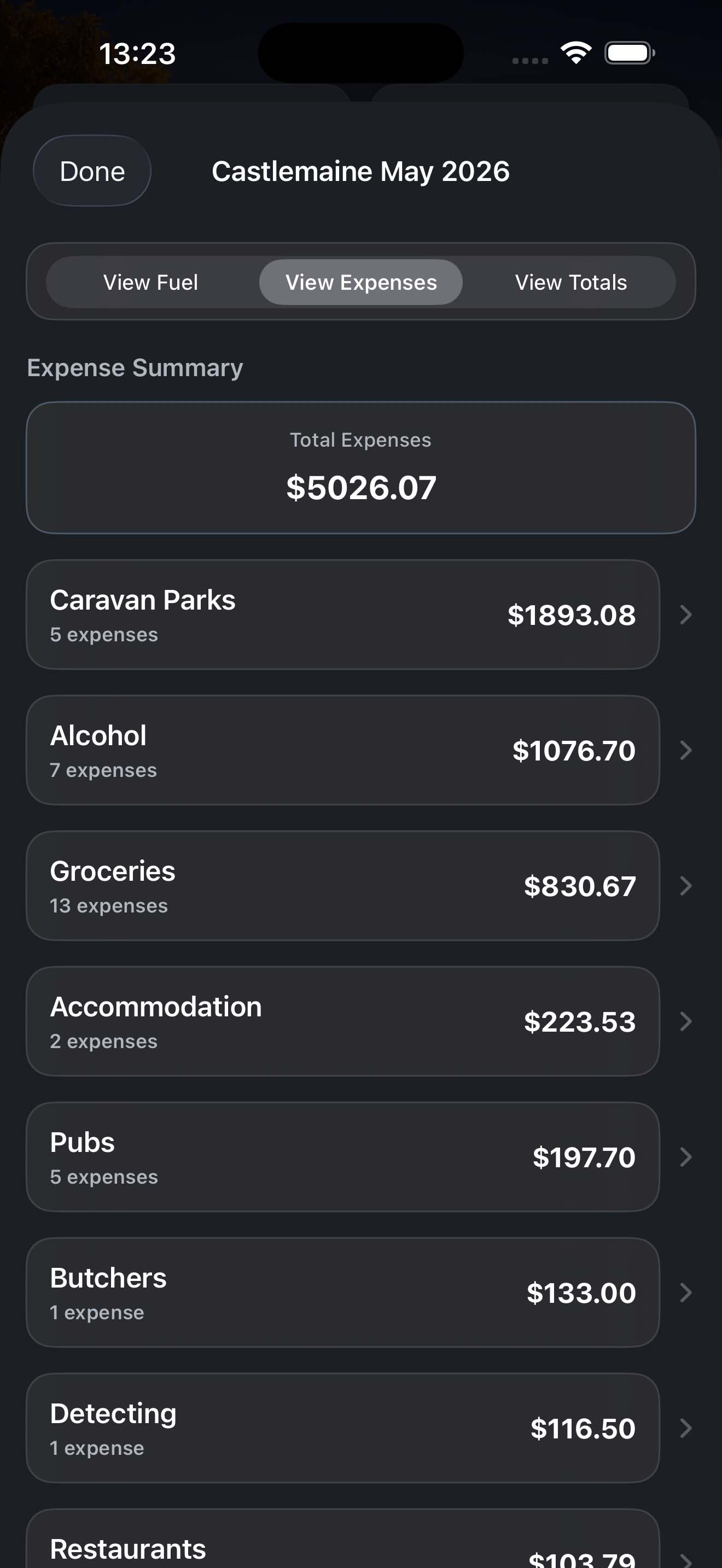 Tripometer expense summary screen