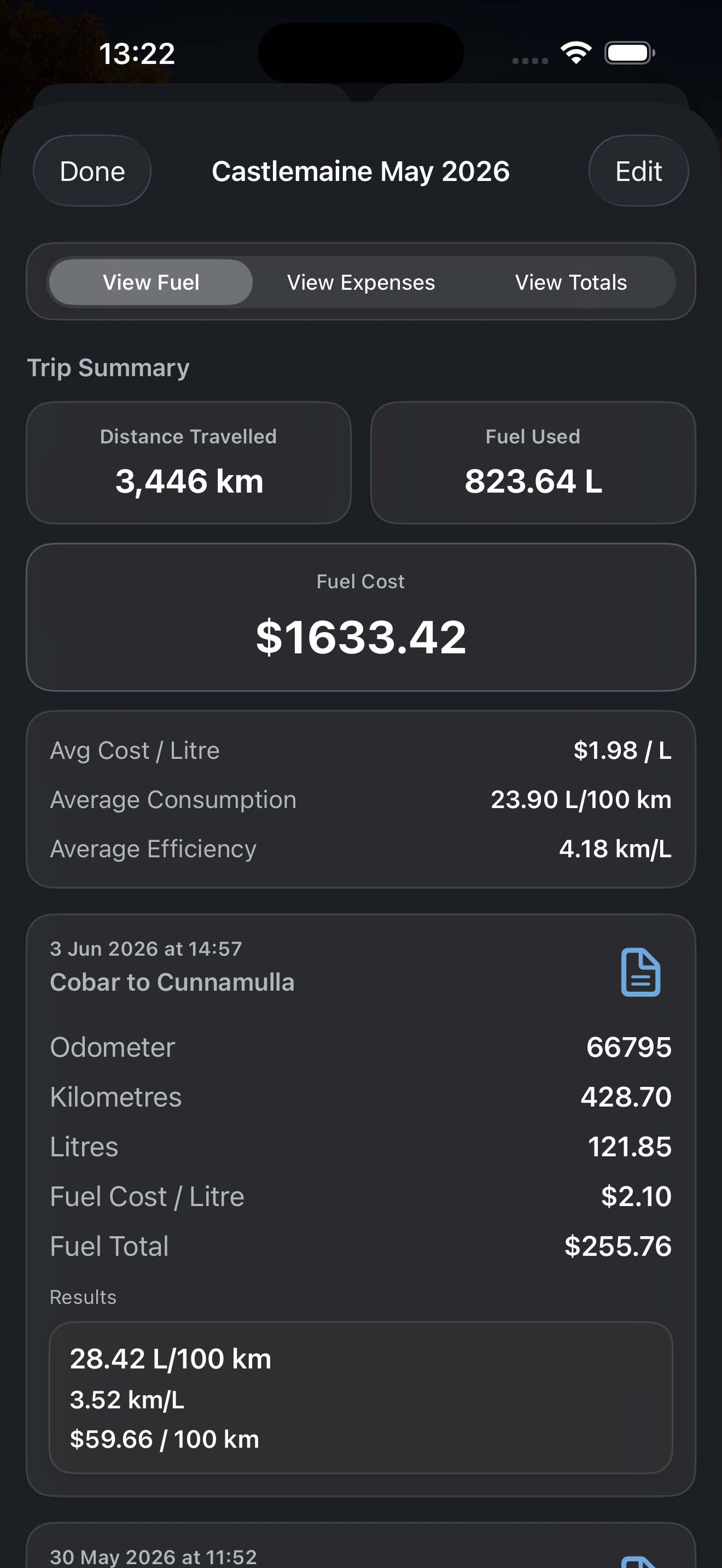 Tripometer fuel summary screen