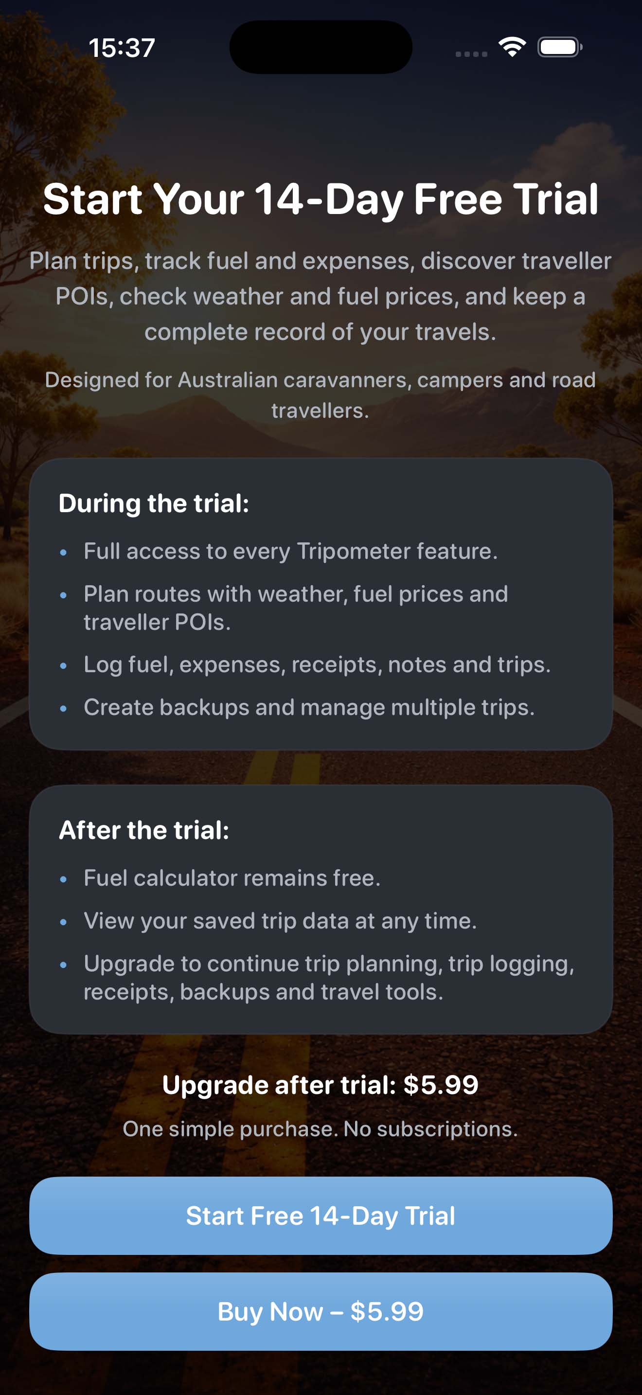 Tripometer 14 day free trial screen