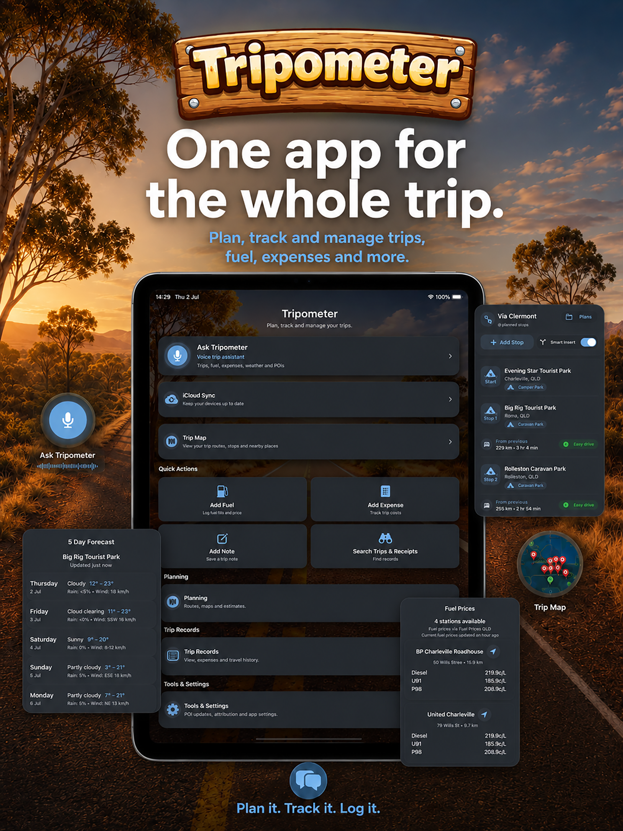 Tripometer promotional artwork showing trip planning, fuel, expenses, weather, maps and app tools